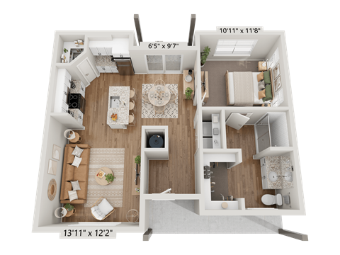 Floor plan for 1 bed, 1 bath, 742 sqft